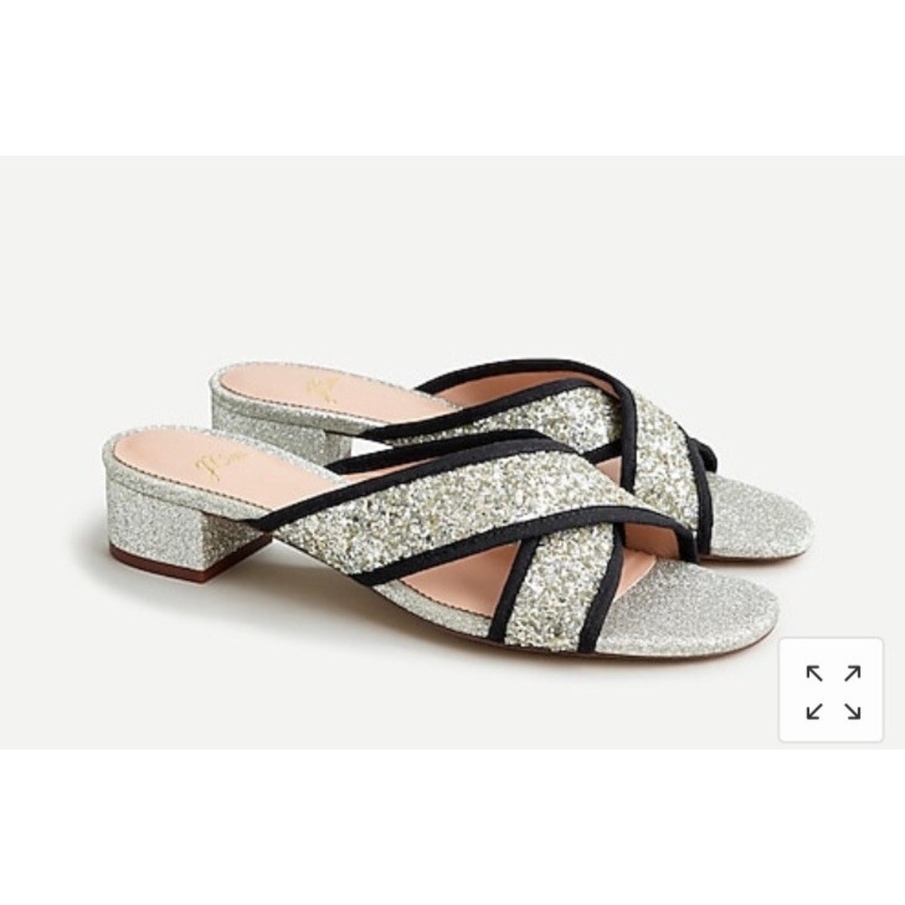 J.Crew Silver Glitter Crossover Block Heel Slide Sandals Womens 6 Black Trim